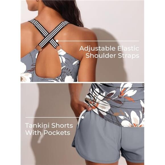Modest Tankini Swimsuit with Pockets  2 Piece Sporty Tummy Control Set for Women - Picture 3 of 7
